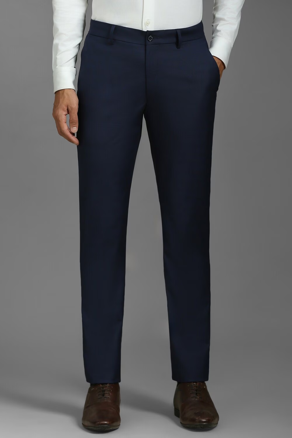 Men Navy Slim Fit Check Flat Front Formal Trousers-Navy