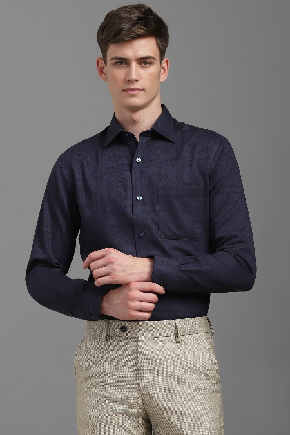 Men Navy Classic Fit Print Full Sleeves Formal Shirt-Navy