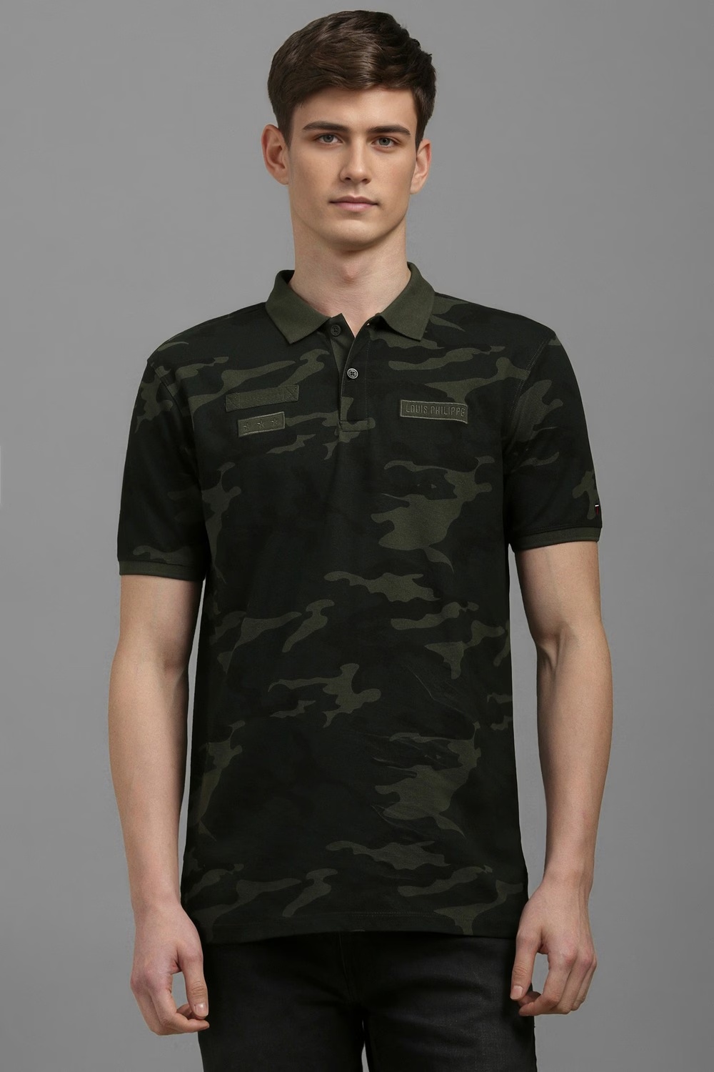 Men Olive Print Polo Neck T-shirt-Olive
