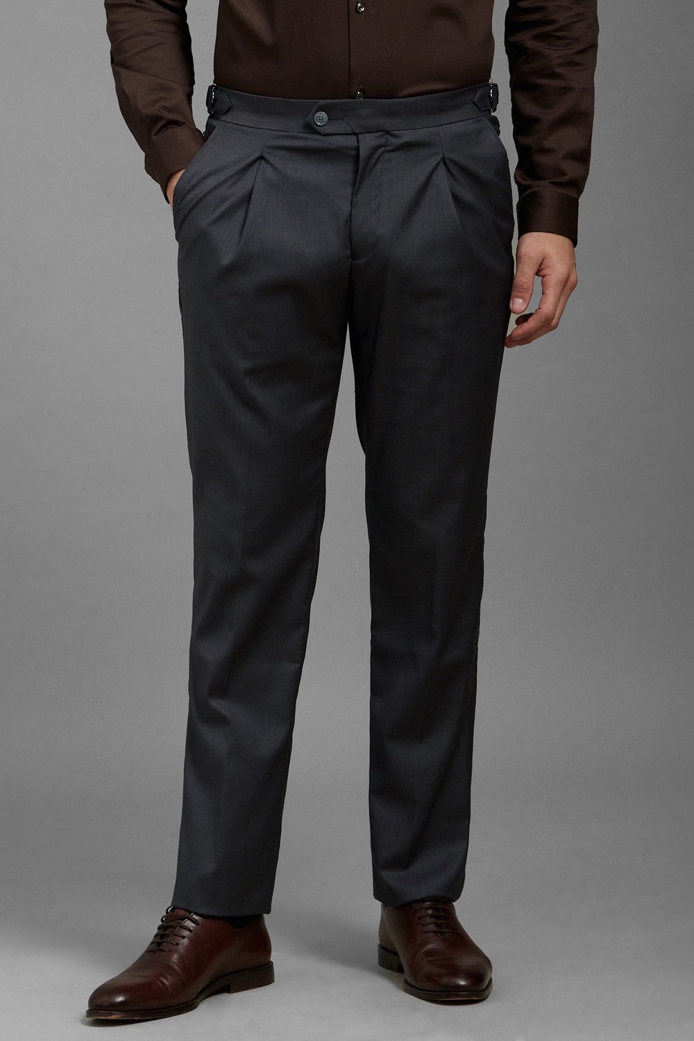 Men Grey Slim Fit Textured Pleated Formal Trousers-Grey