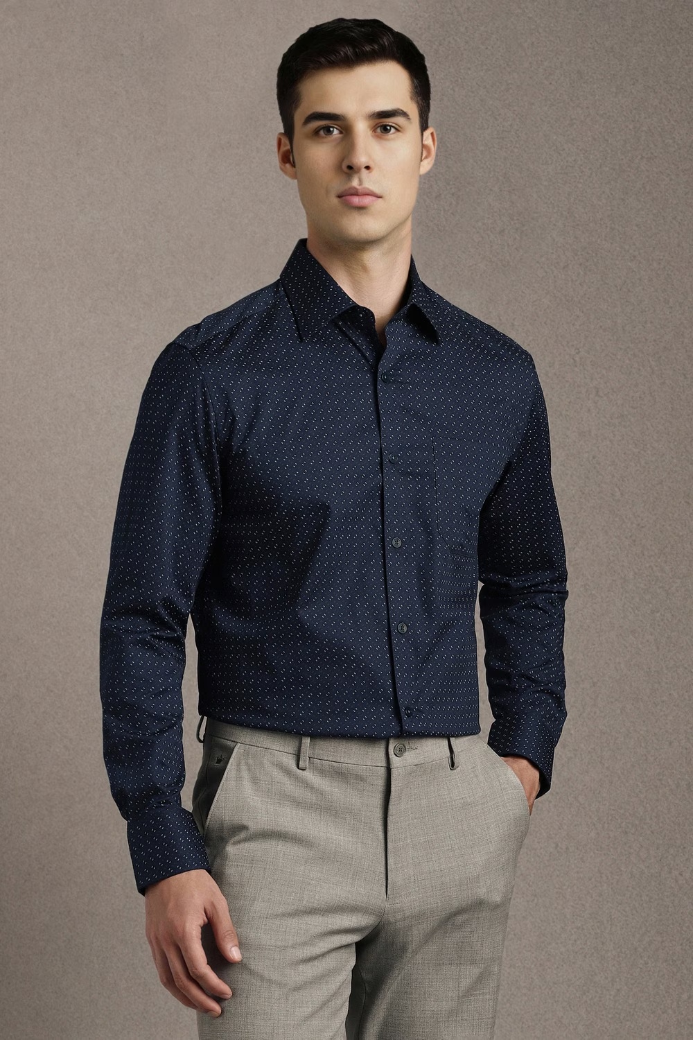 Men Navy Print Full Sleeves Formal Shirt-Navy