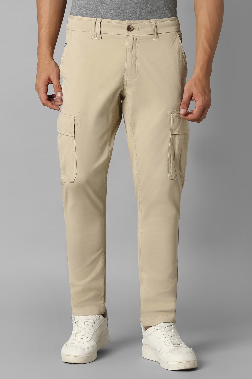 Men Beige Contemporary Fit Solid Flat Front Casual Trousers-Beige