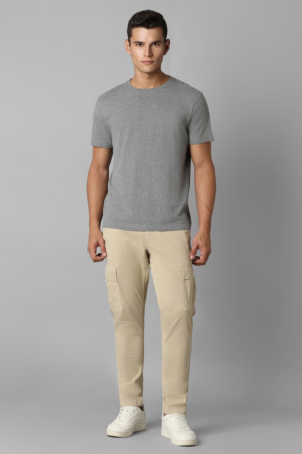 Men Beige Contemporary Fit Solid Flat Front Casual Trousers-Beige
