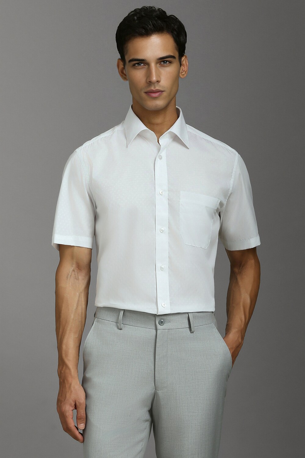 Men White Classic Fit Textured Half Sleeves Formal Shirt-White