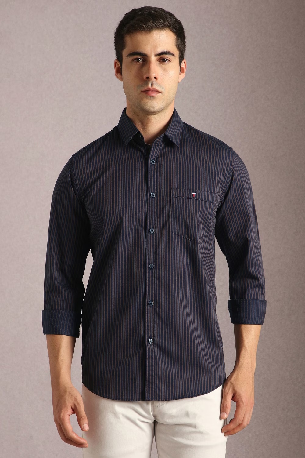 Men Navy Stripe Full Sleeves Casual Shirt-Navy