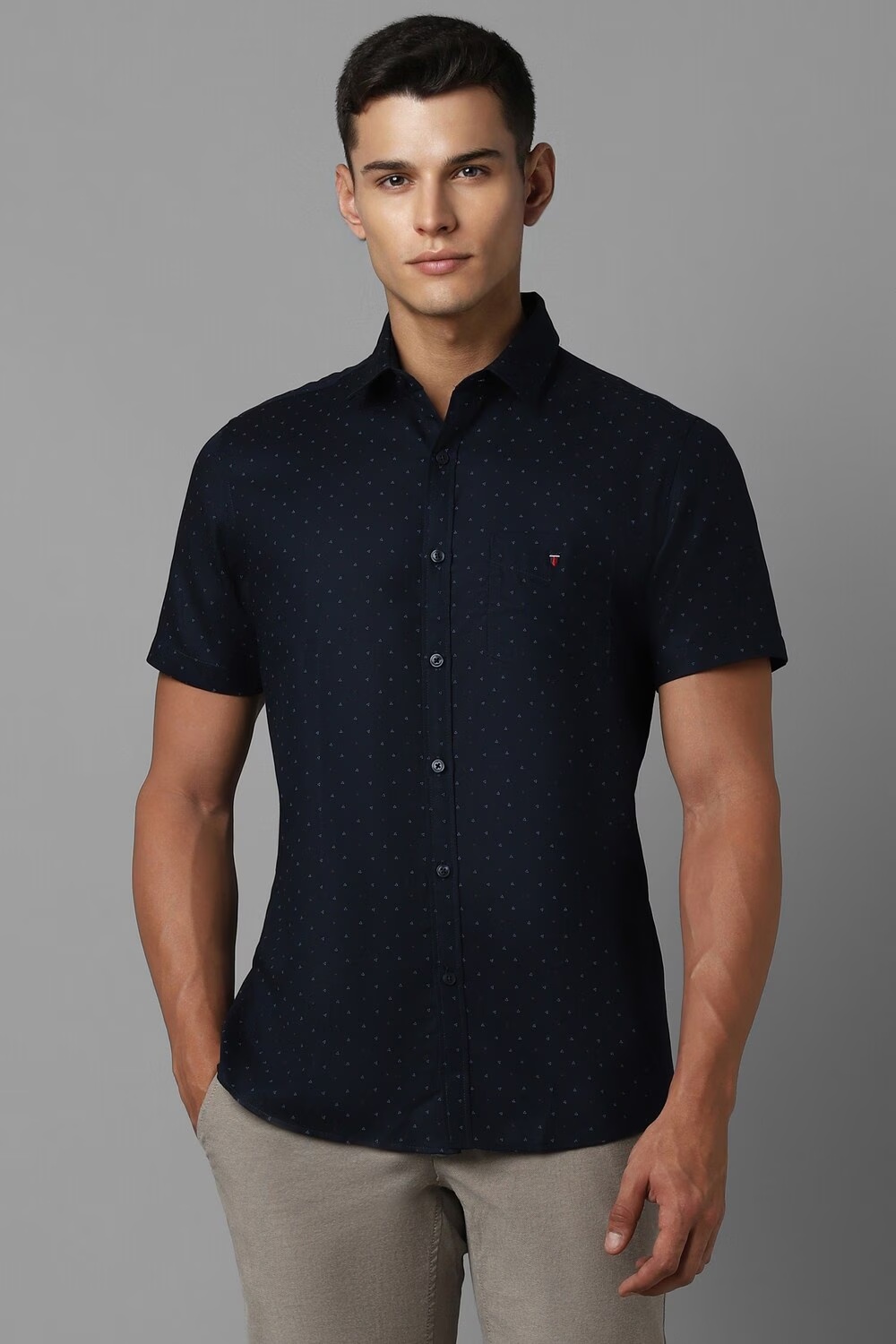 Men Navy Slim Fit Print Half Sleeves Casual Shirt-Navy