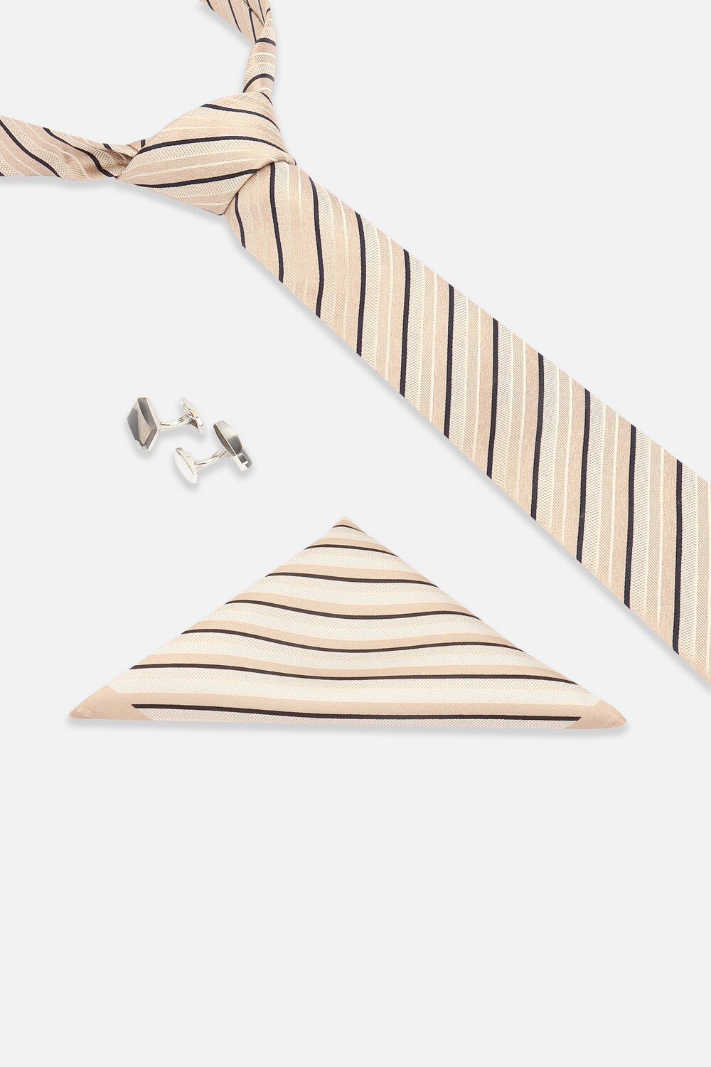 Men Beige Print Tie Pocket Square And Cufflink-Beige