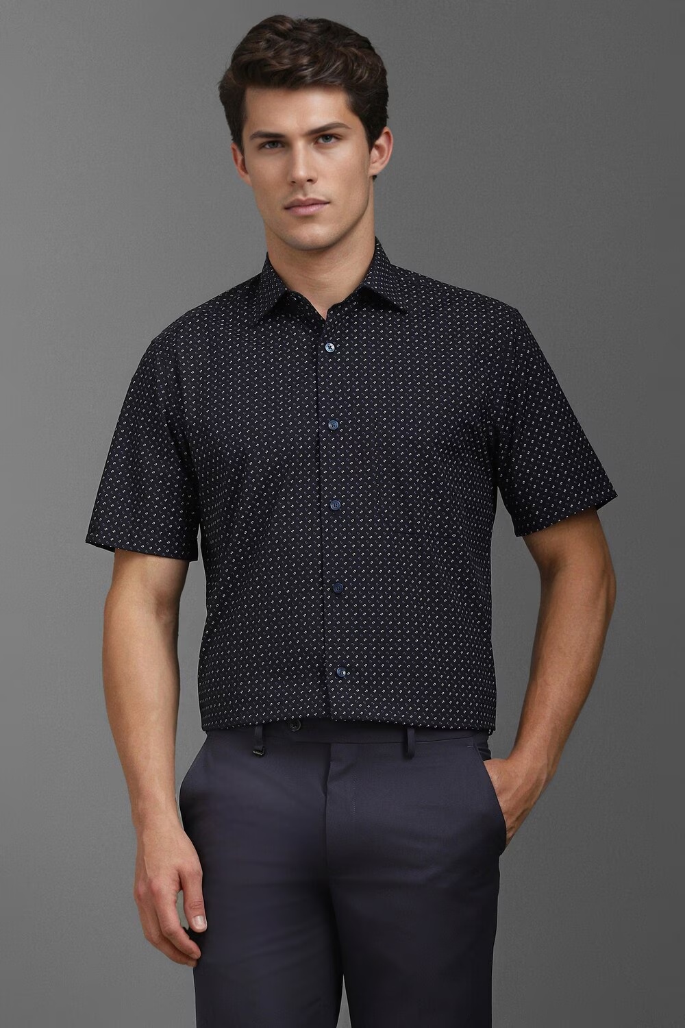 Men Navy Classic Fit Print Half Sleeves Formal Shirt-Navy