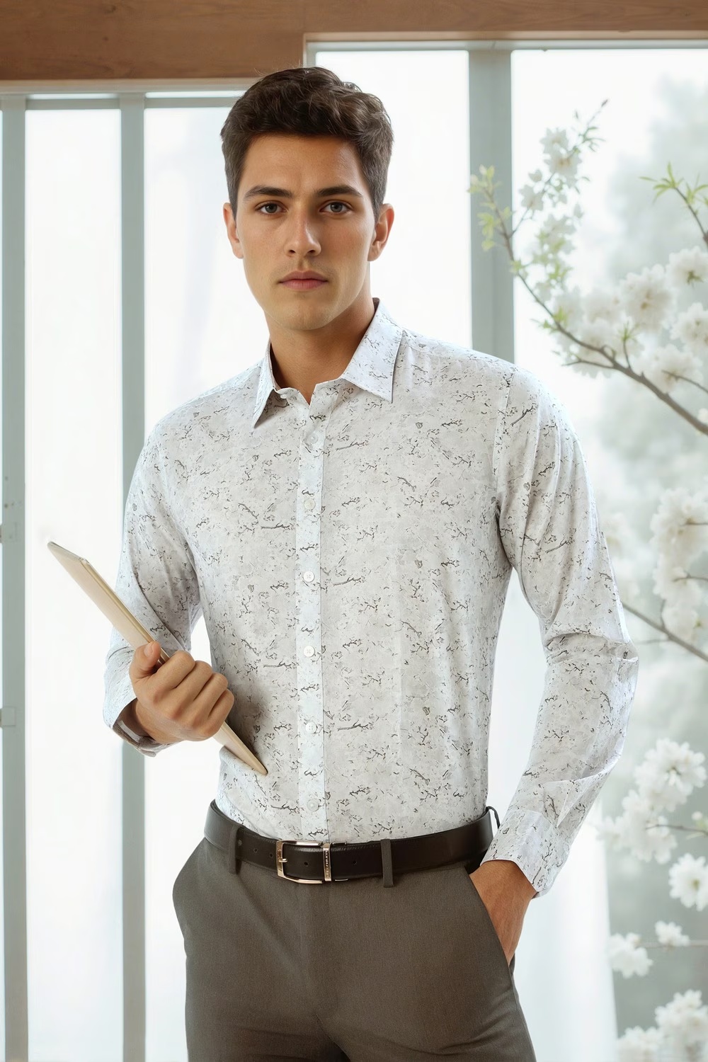 Men Grey Slim Fit Print Full Sleeves Formal Shirt-Grey