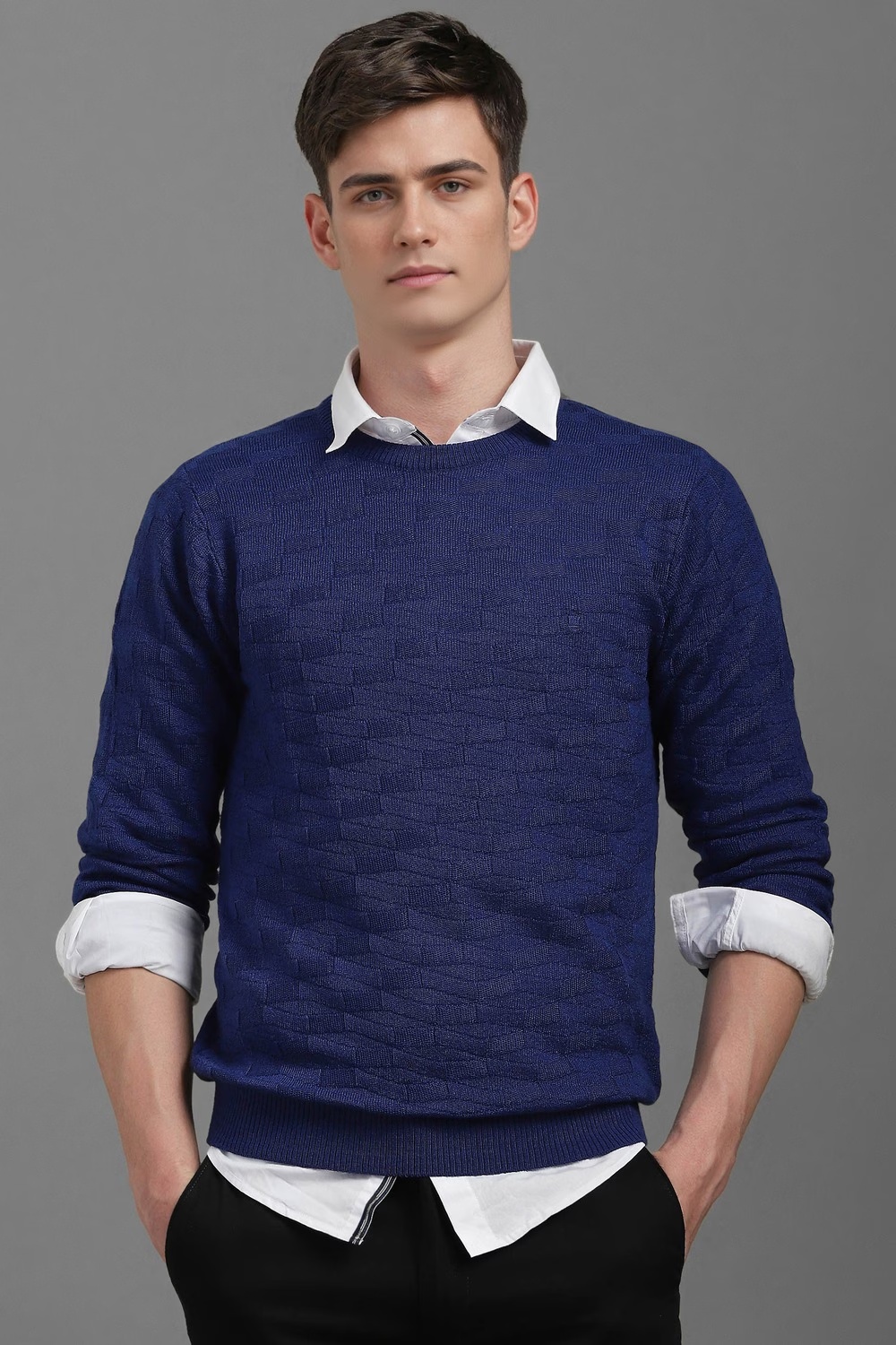Men Blue Textured Crew Neck Full Sleeves Sweater-Blue