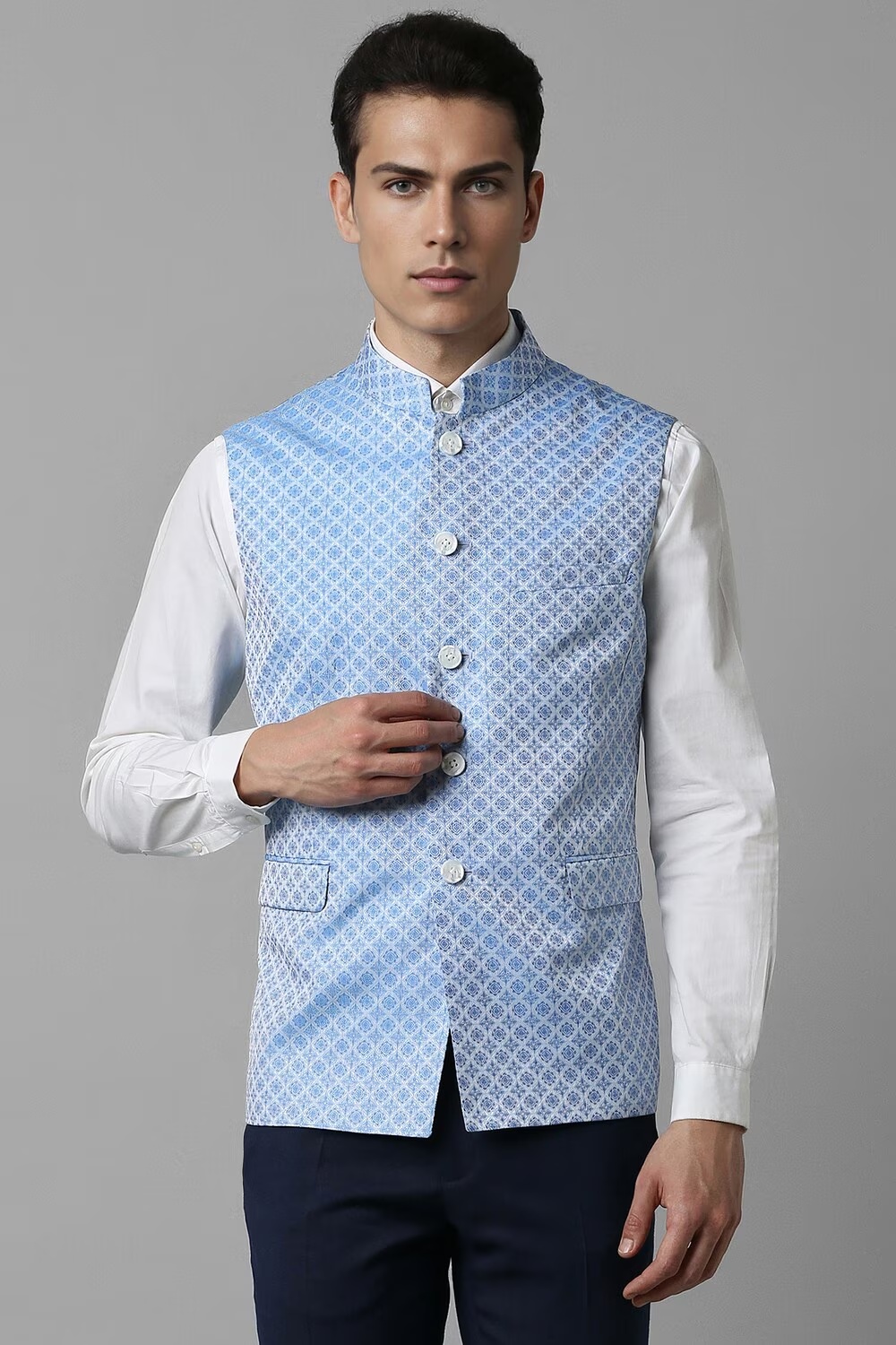 Men Blue Embroidered Slim Fit Party Nehru Jacket-Blue
