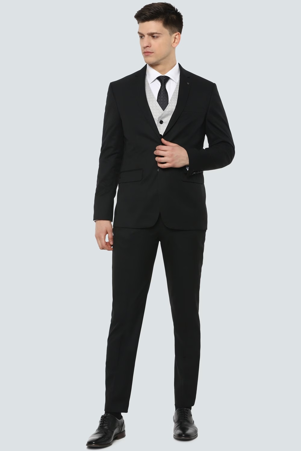 Men Black Slim Fit Check Formal Three Piece Suit-Black