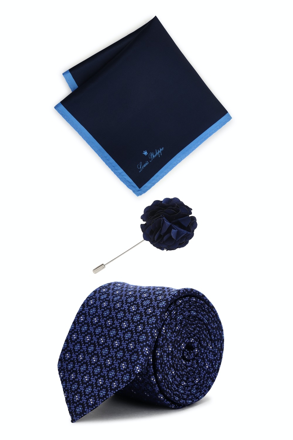 Men Navy Print Tie Pocket Square And Lapel Pin-Navy