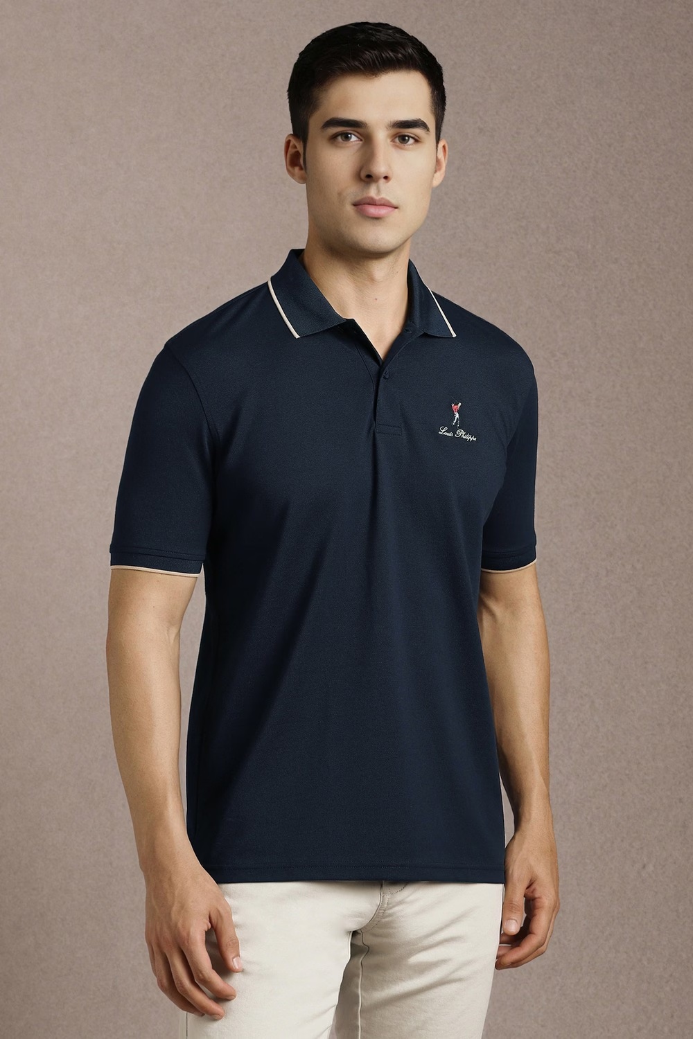 Men Navy Textured Polo Neck T-shirt-Navy