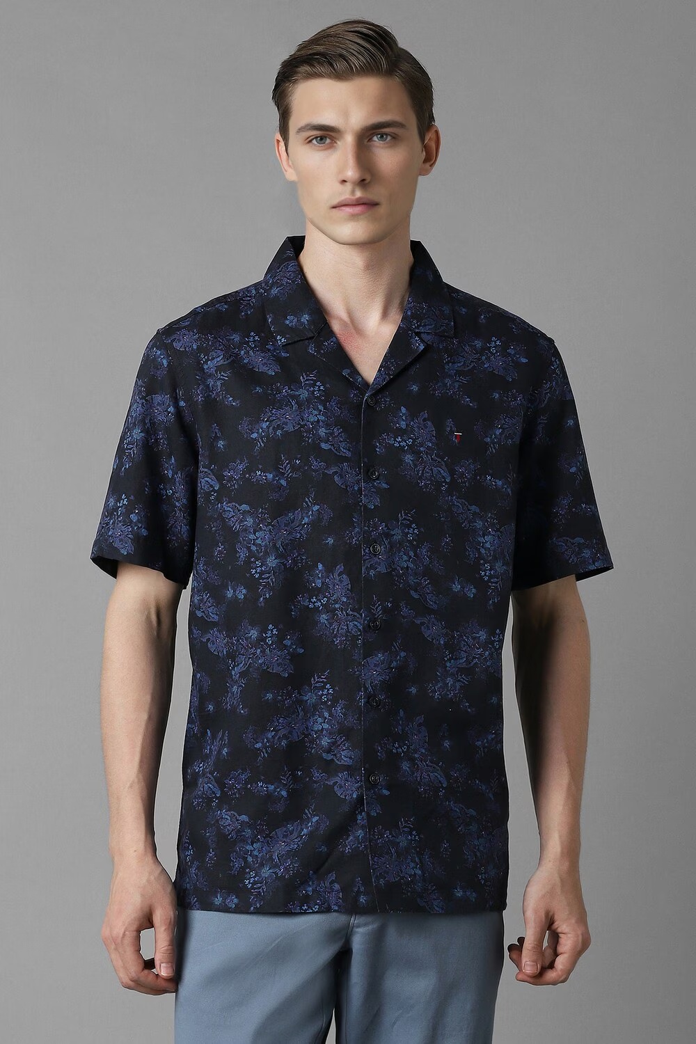Men Navy Slim Fit Print Half Sleeves Casual Shirt-Navy