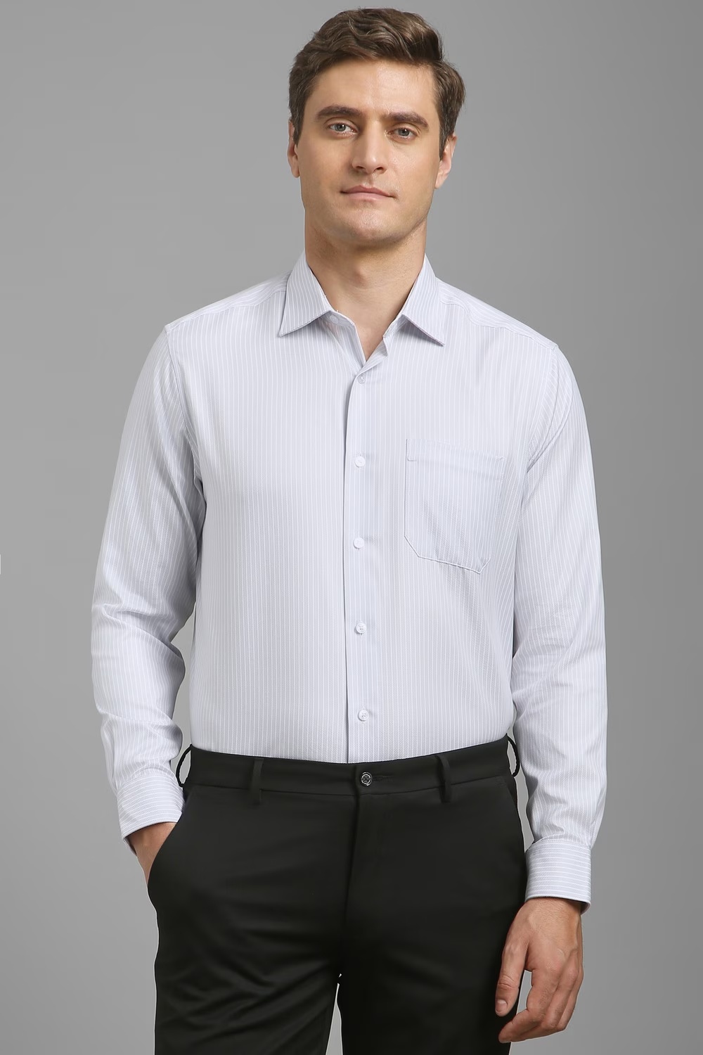 Men Grey Stripe Full Sleeves Formal Shirt-Grey