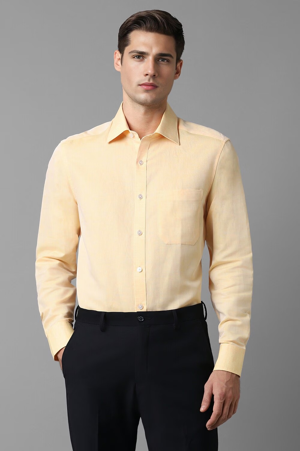Men Yellow Classic Fit Solid Full Sleeves Formal Shirt-Yellow