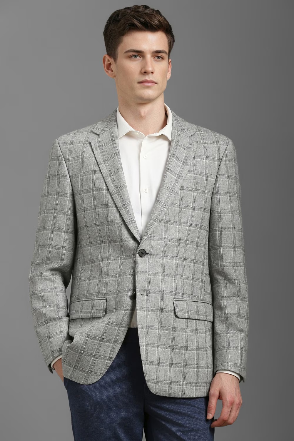 Men Grey Regular Fit Check Formal Blazer-Grey