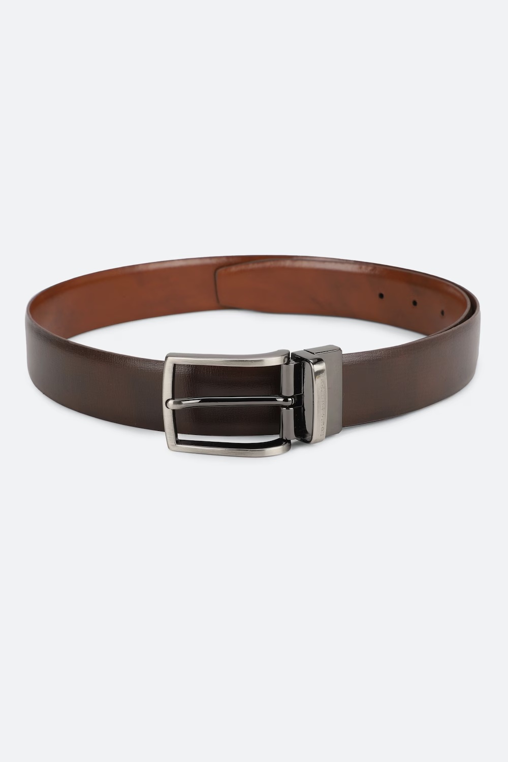 Louis Philippe Men Brown & Coffee Brown  Solid Reversible Formal Italian Leather with Brush Gun Metal Buckle Belt-Brown