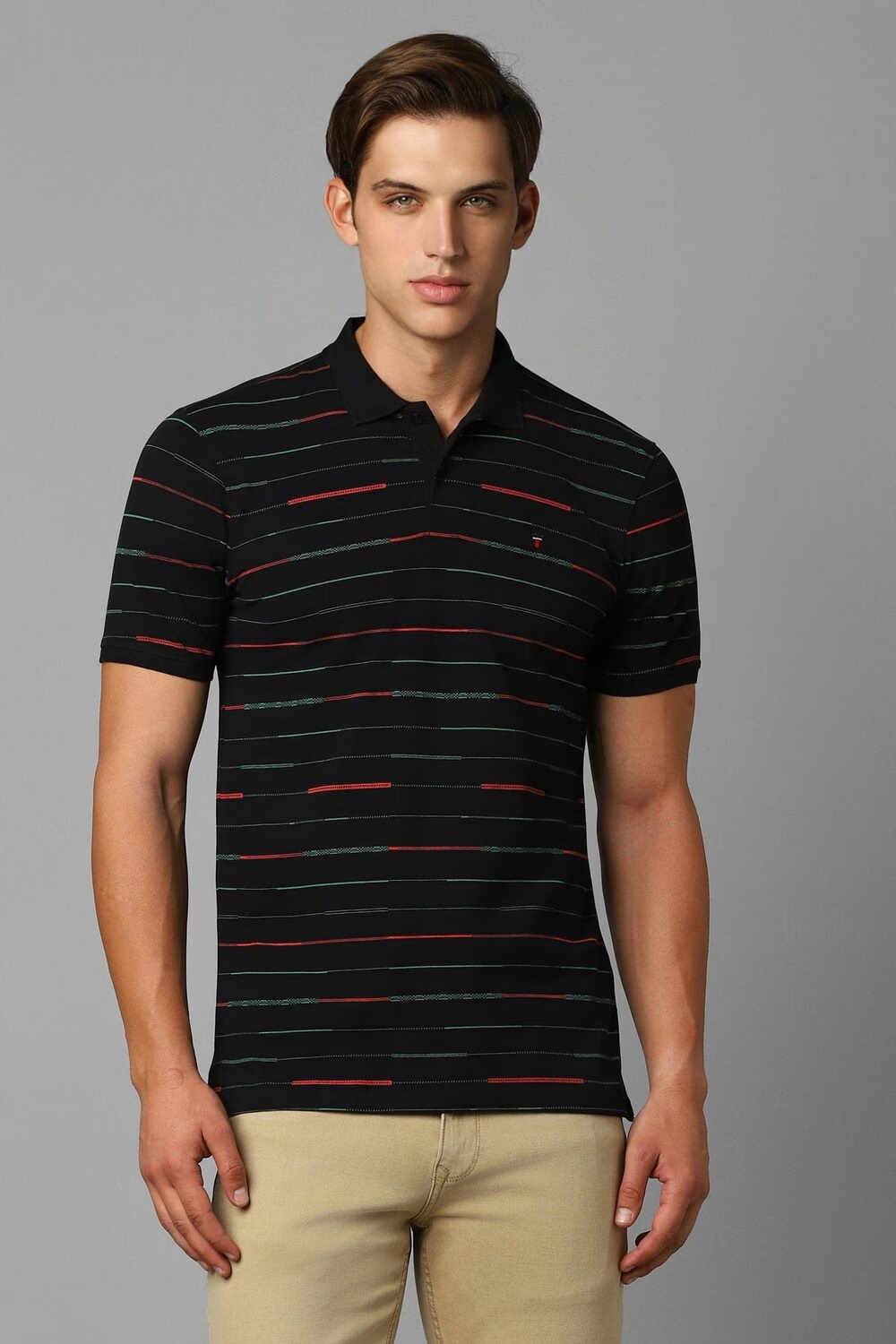 Men Black Stripe Polo Neck T-shirt-Black