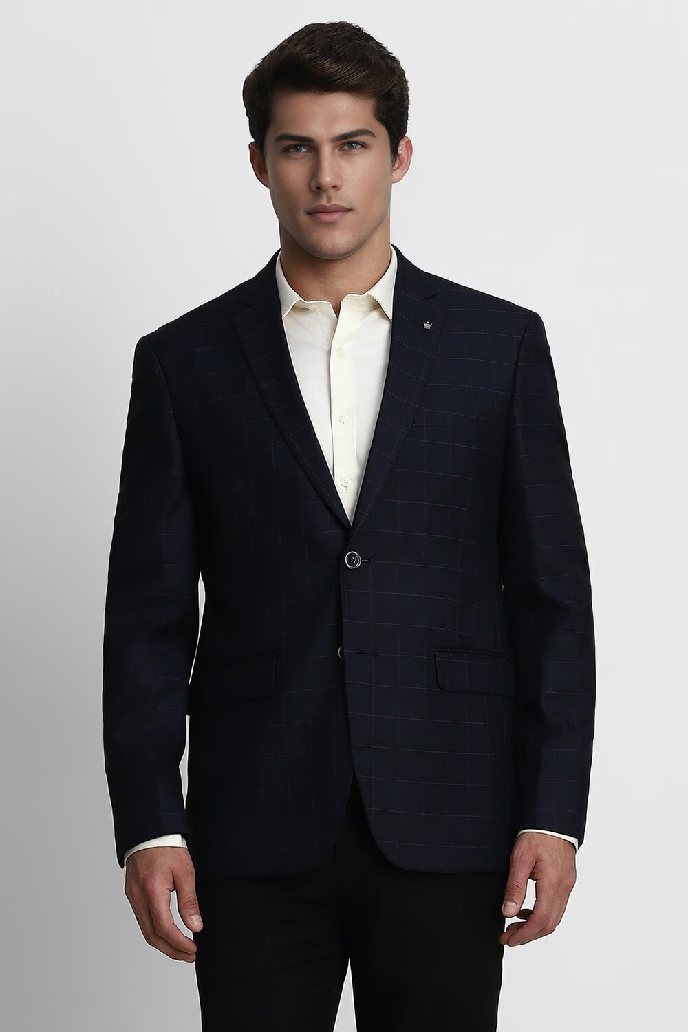 Men Navy Slim Fit Check Formal Blazer-Navy