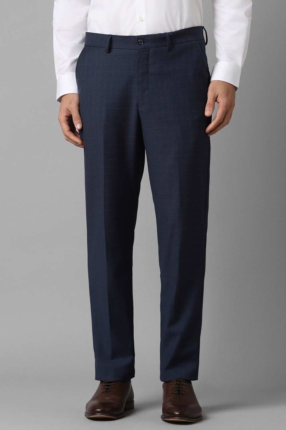 Men Navy Slim Fit Check Flat Front Formal Trousers-Navy