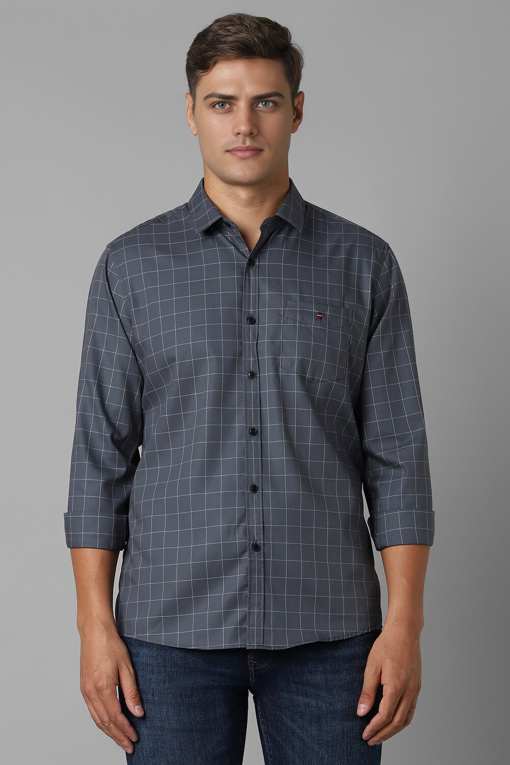 Men Grey Slim Fit Check Full Sleeves Casual Shirt-Grey