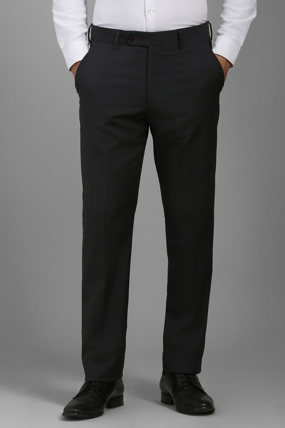 Men Black Slim Fit Textured Flat Front Formal Trousers-Black