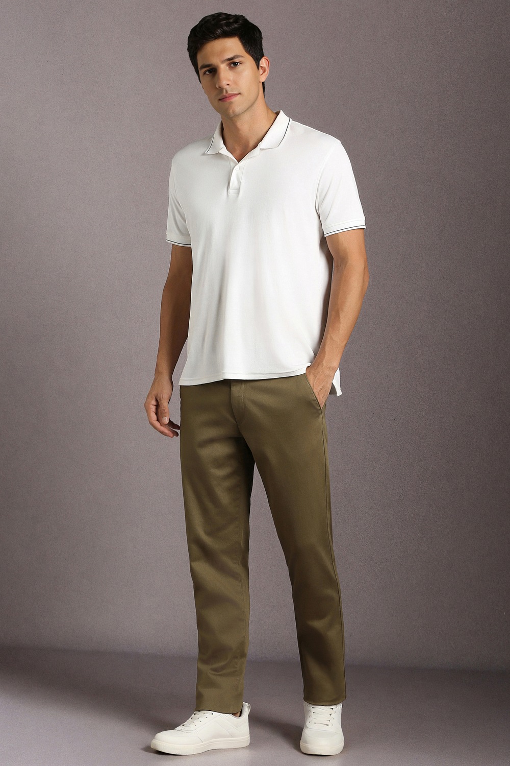 Men Olive Textured Flat Front Casual Trousers-Olive