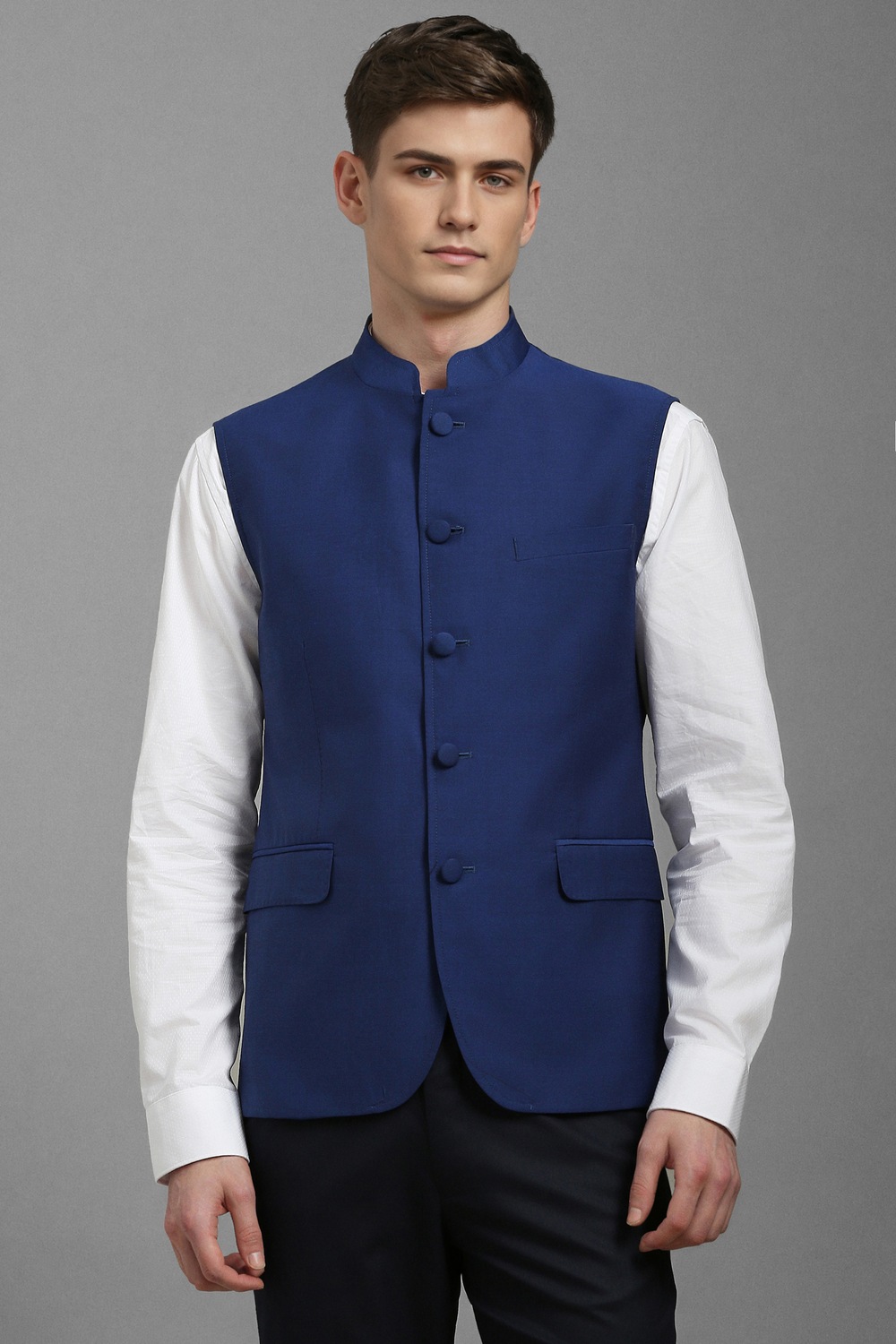 Men Blue Solid Slim Fit Casual Nehru Jacket-Blue