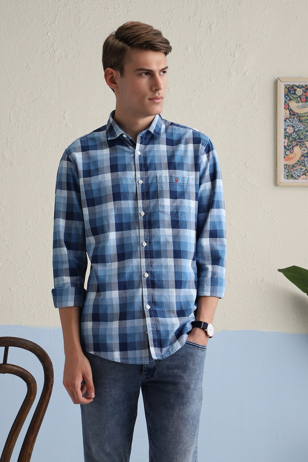 Men Blue Slim Fit Check Full Sleeves Casual Shirt-Blue