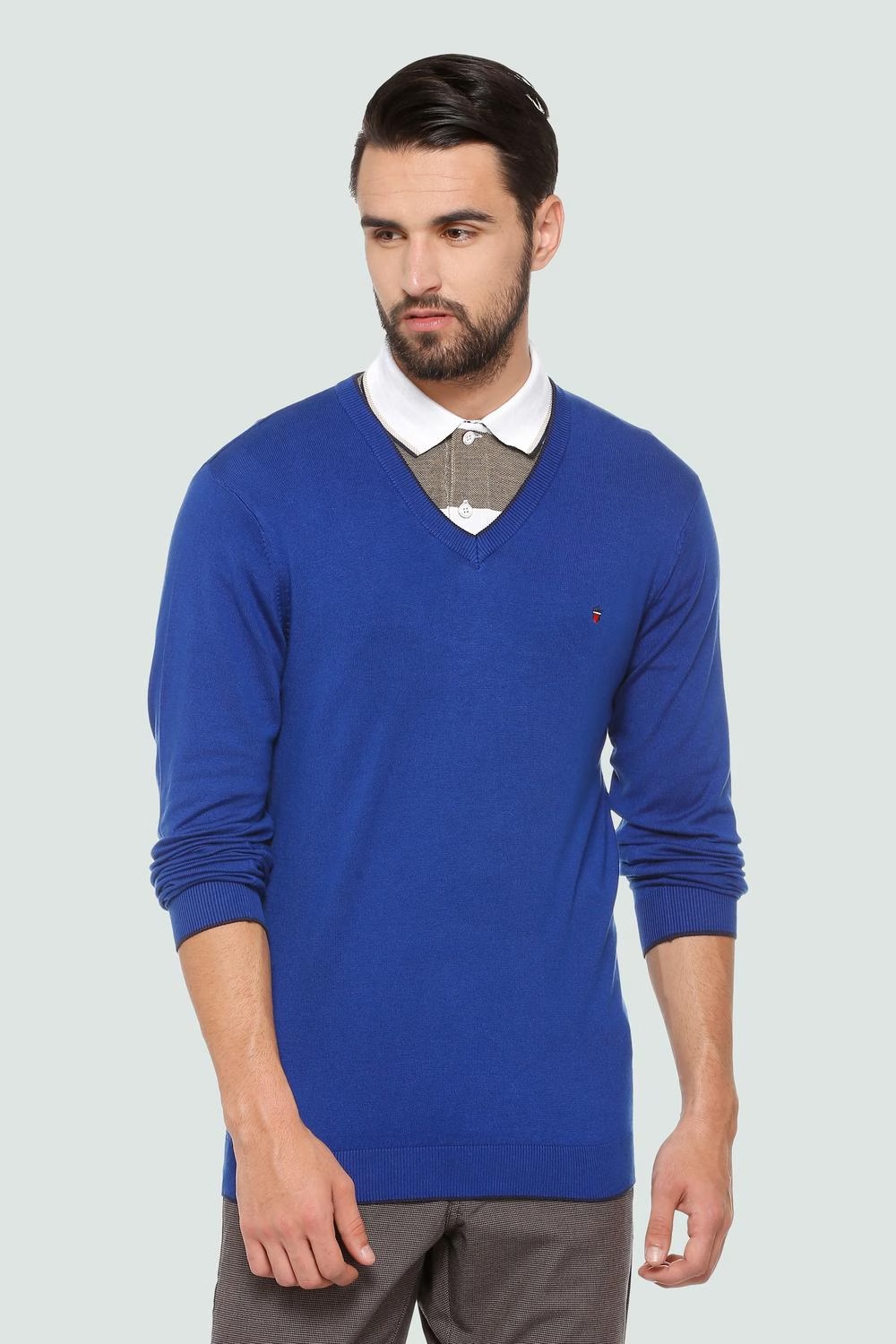 Men Blue Textured V Neck Full Sleeves Sweater-Blue