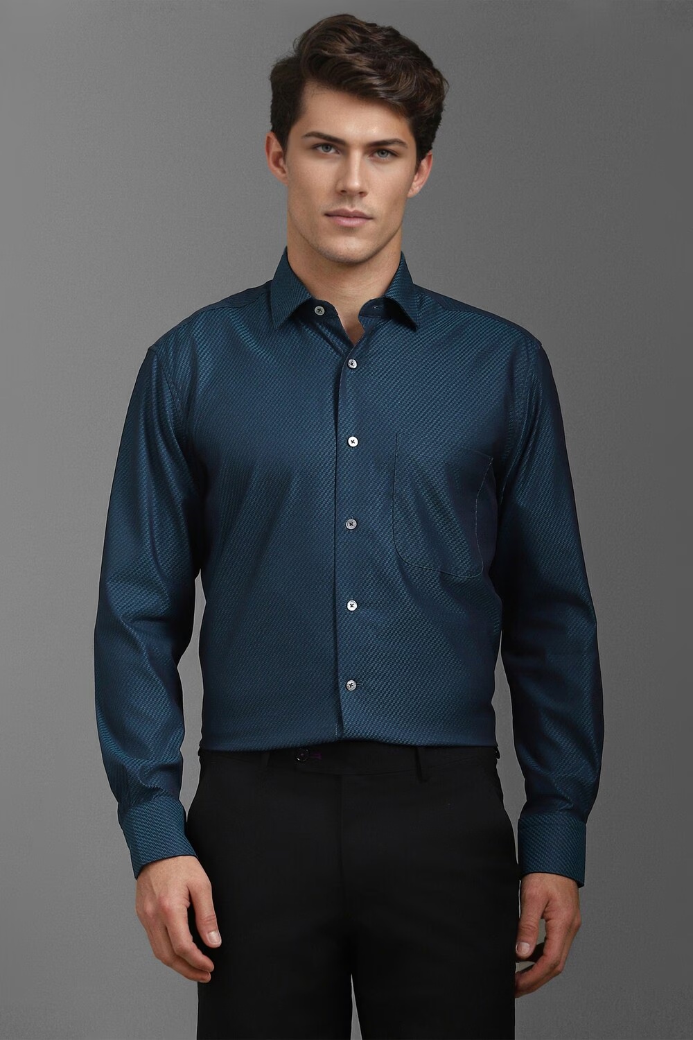 Men Navy Classic Fit Textured Full Sleeves Formal Shirt-Navy
