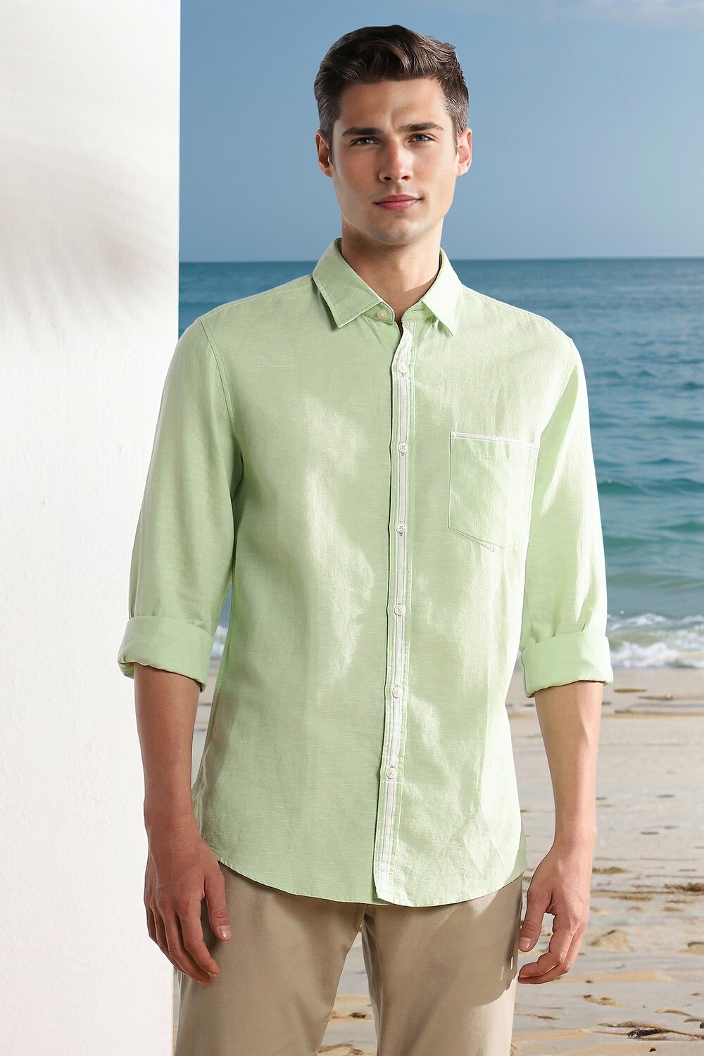 Men Green Slim Fit Solid Full Sleeves Casual Shirt-Green