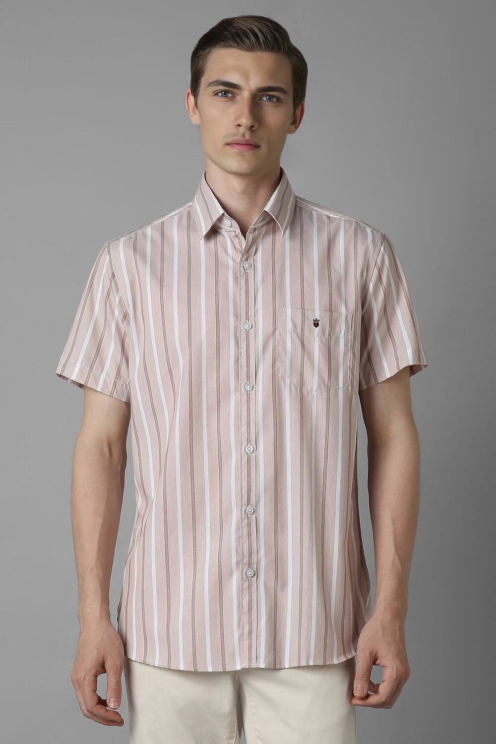 Men Beige Slim Fit Stripe Half Sleeves Casual Shirt-Beige