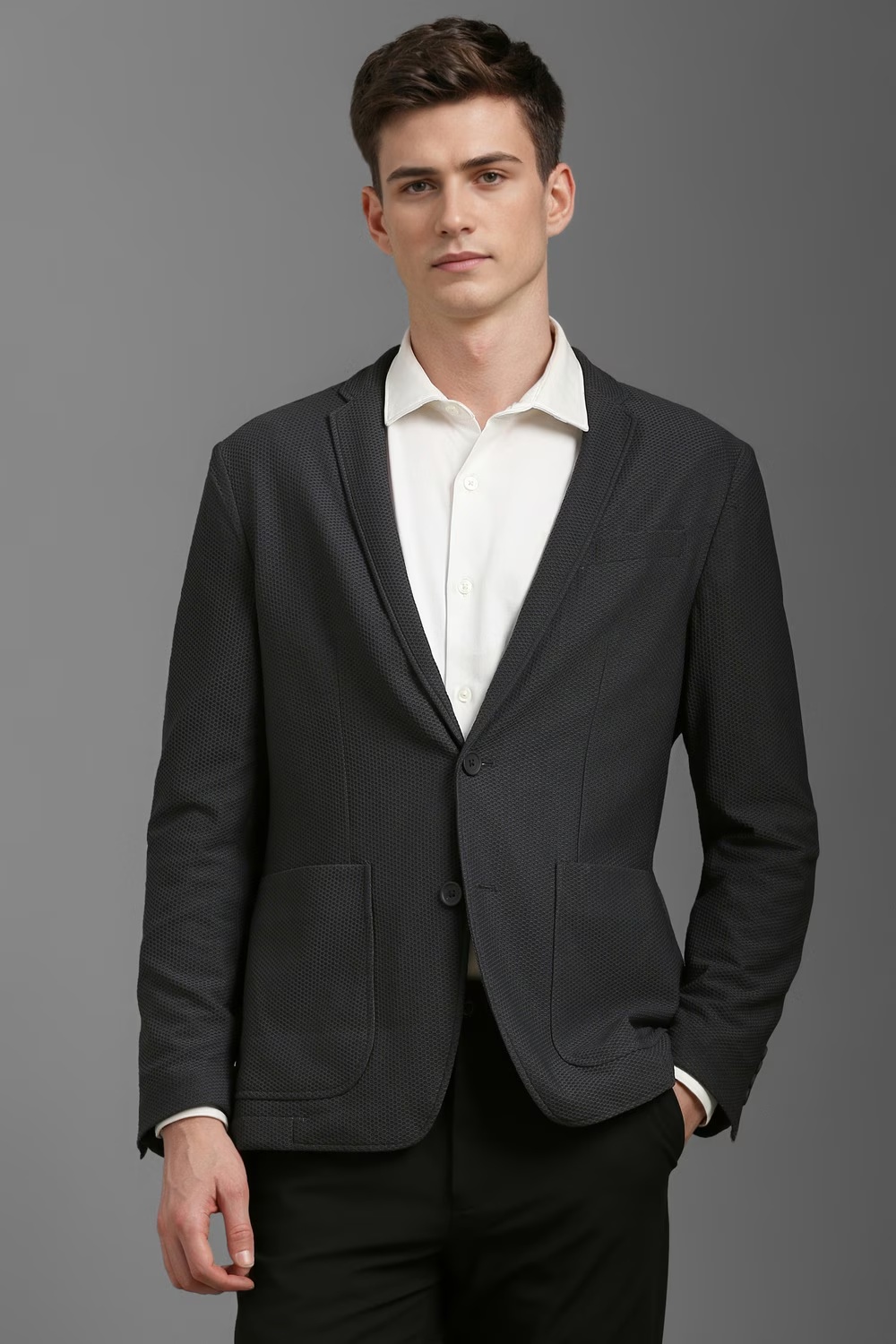 Men Grey Super Slim Fit Textured Formal Blazer-Grey