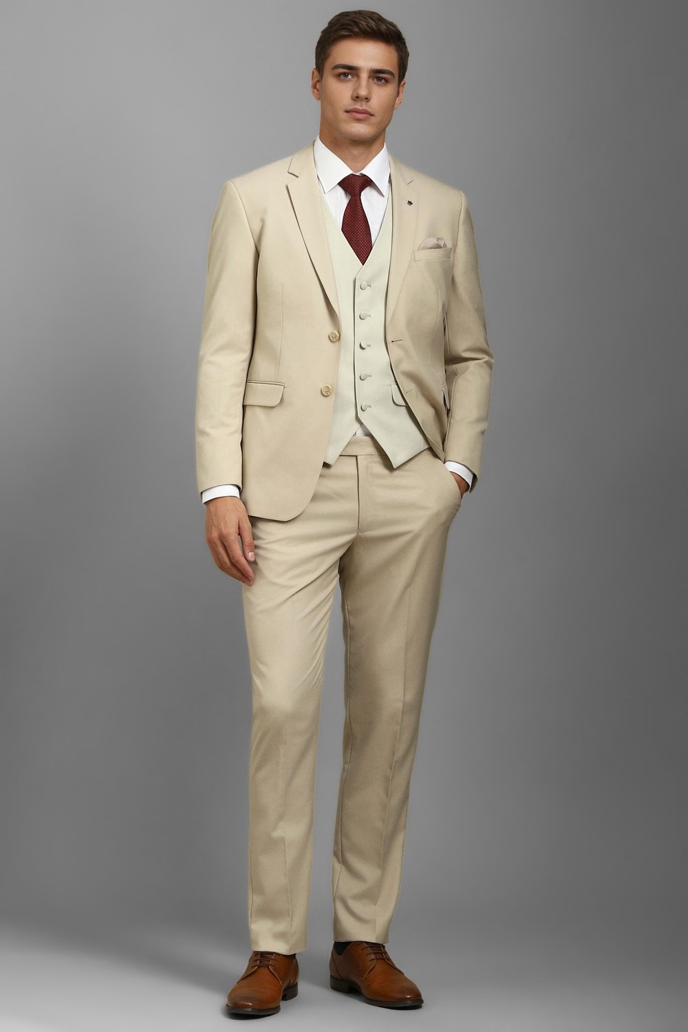 Men Beige Slim Fit Textured Formal Three Piece Suit-Beige