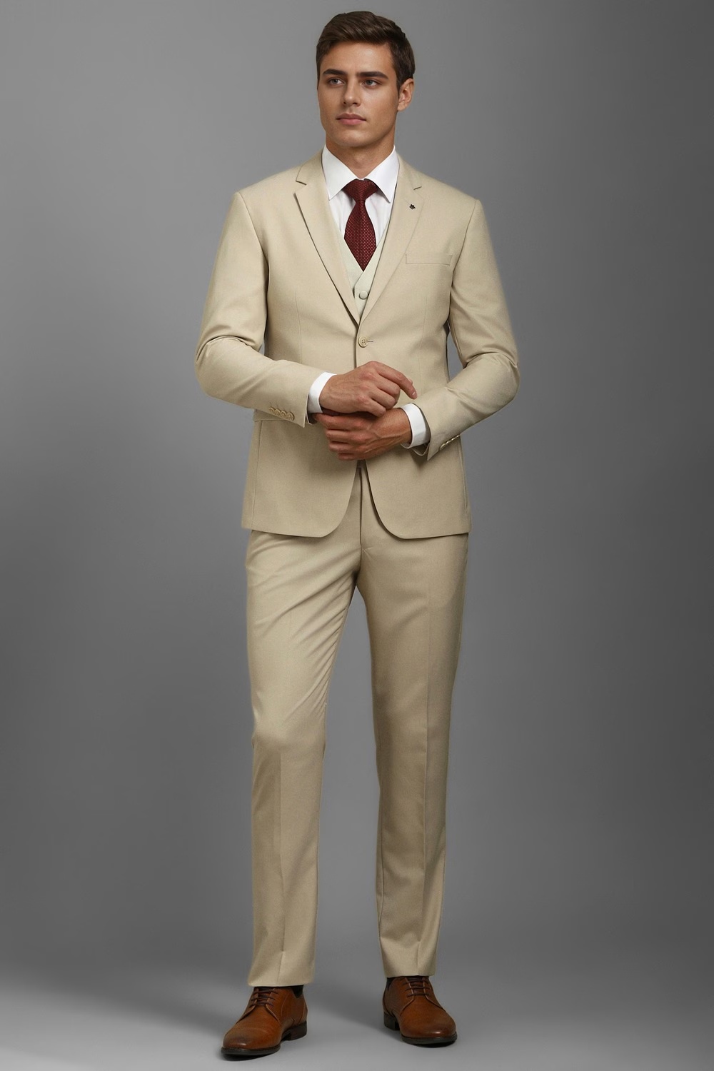 Men Beige Slim Fit Textured Formal Three Piece Suit-Beige