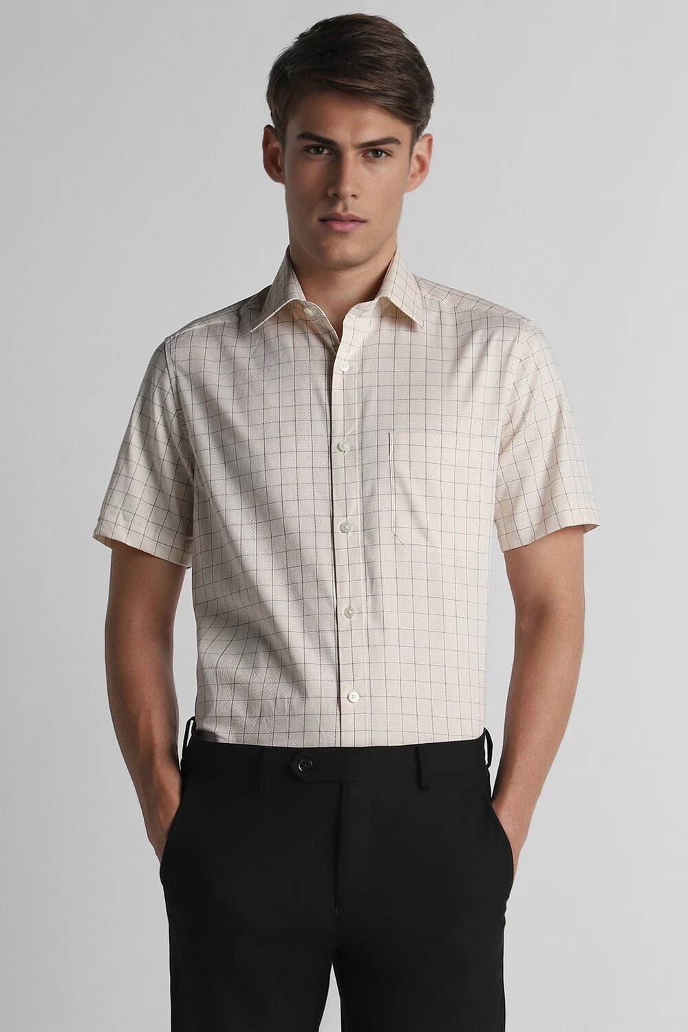 Men Beige Classic Fit Check Half Sleeves Formal Shirt-Beige
