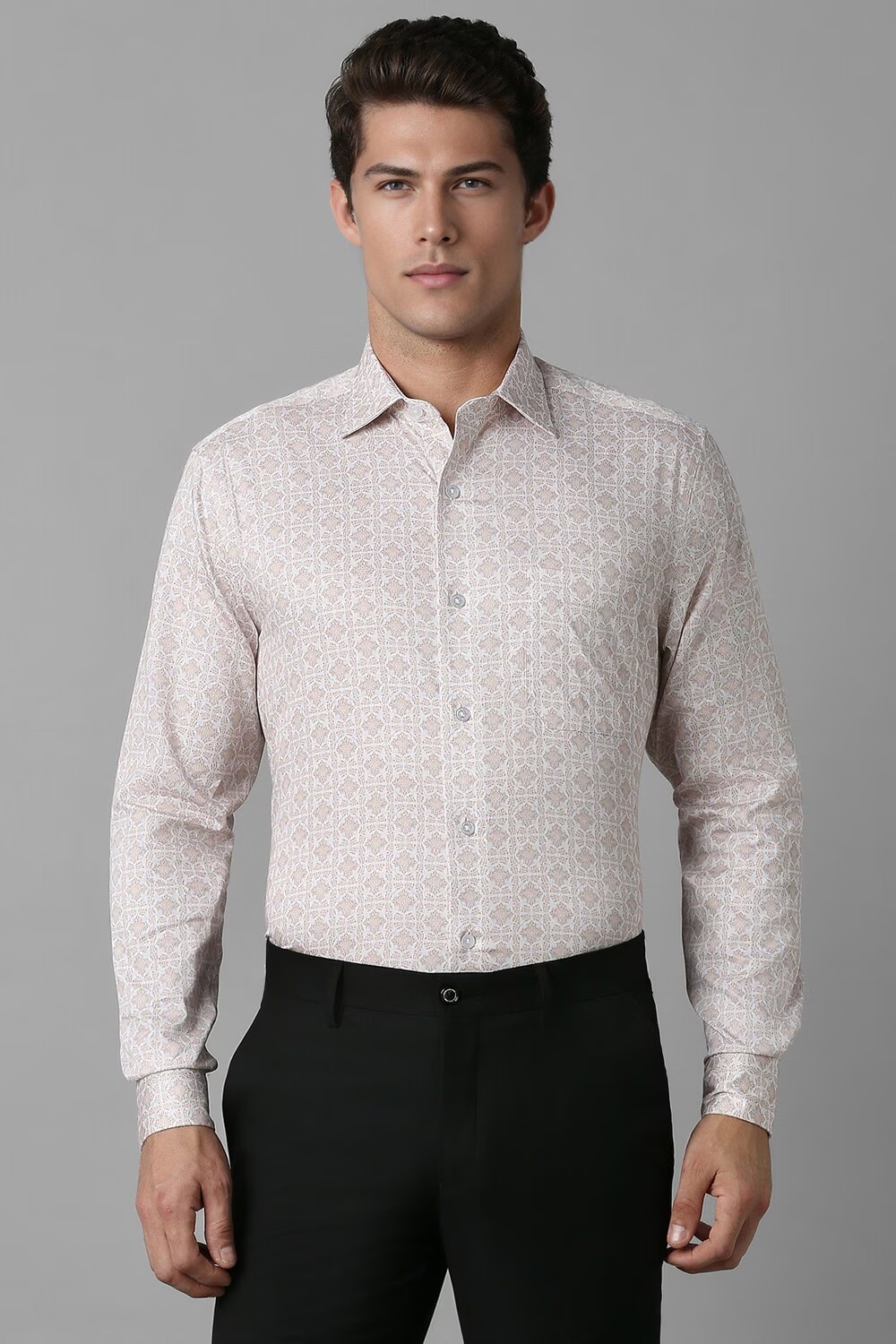 Men White Classic Fit Print Full Sleeves Formal Shirt-White