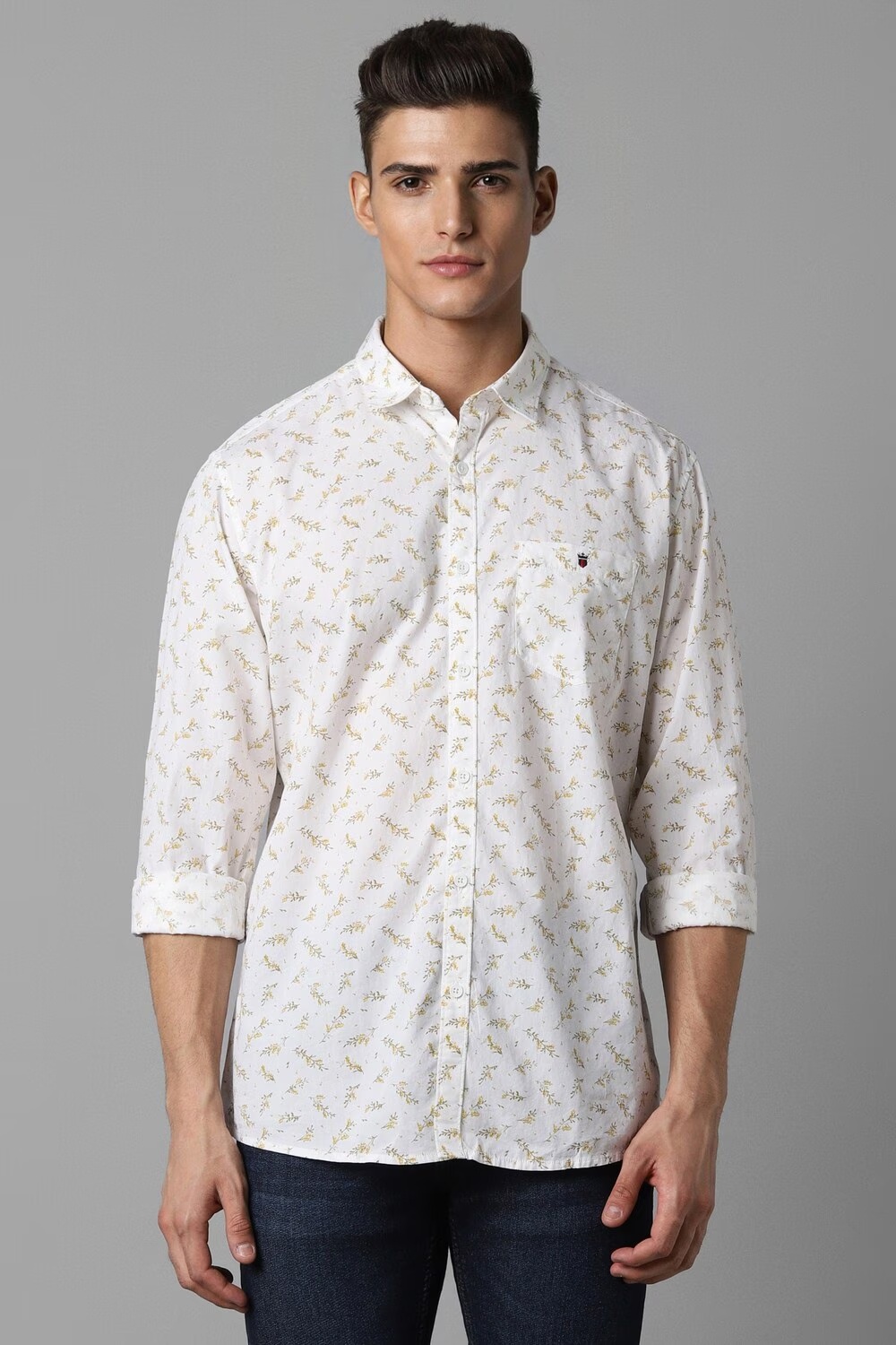 Men White Slim Fit Print Full Sleeves Casual Shirt-White