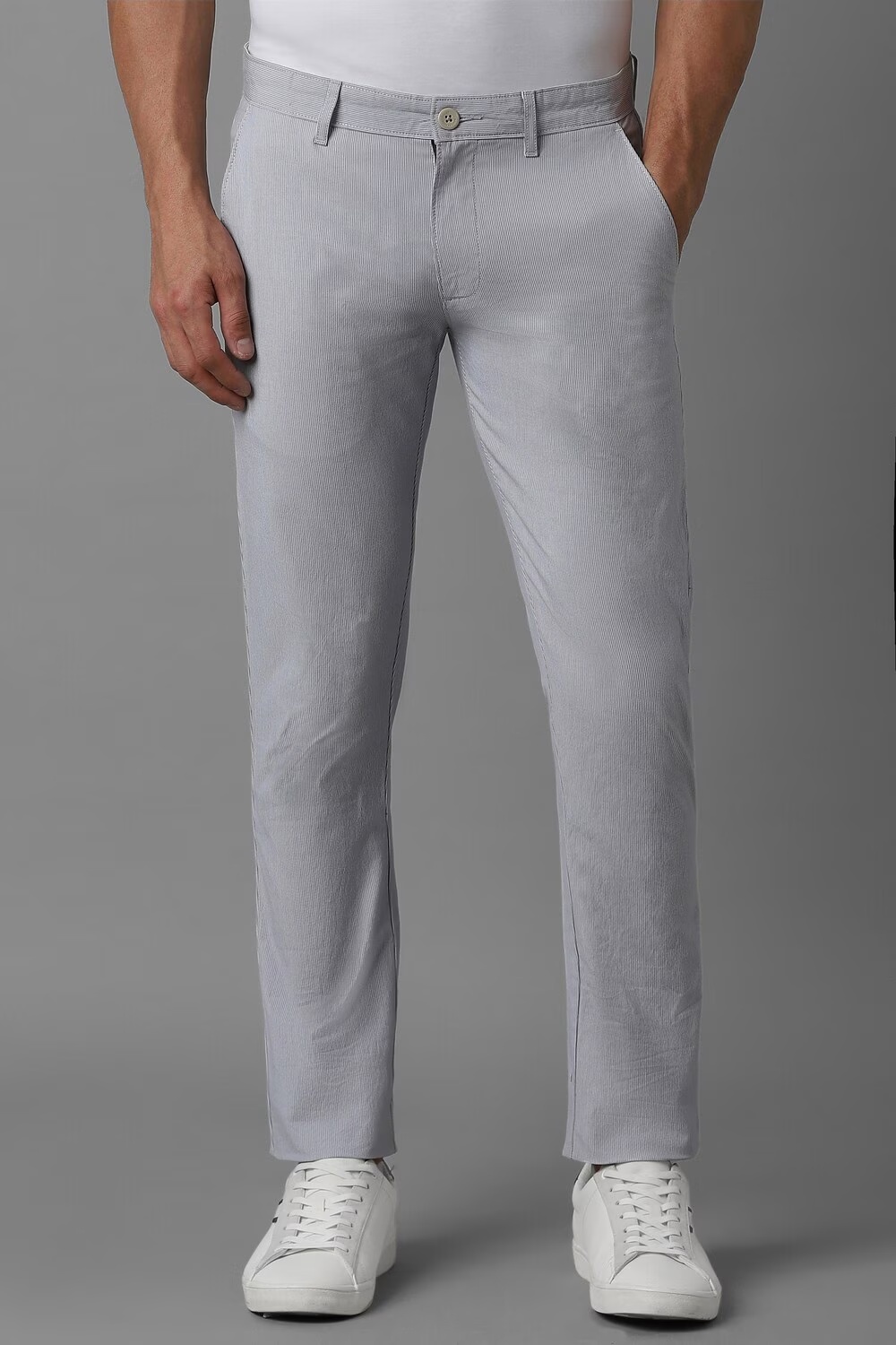 Men Grey Super Slim Fit Stripe Flat Front Casual Trousers-Grey