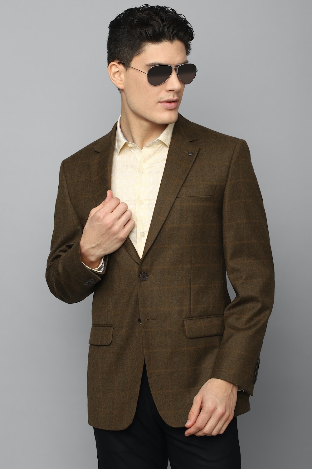 Men Olive Regular Fit Check Formal Blazer-Olive