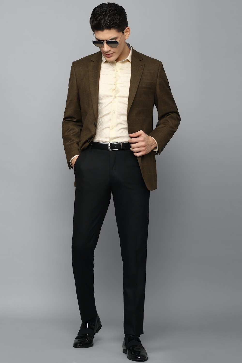 Men Olive Regular Fit Check Formal Blazer-Olive