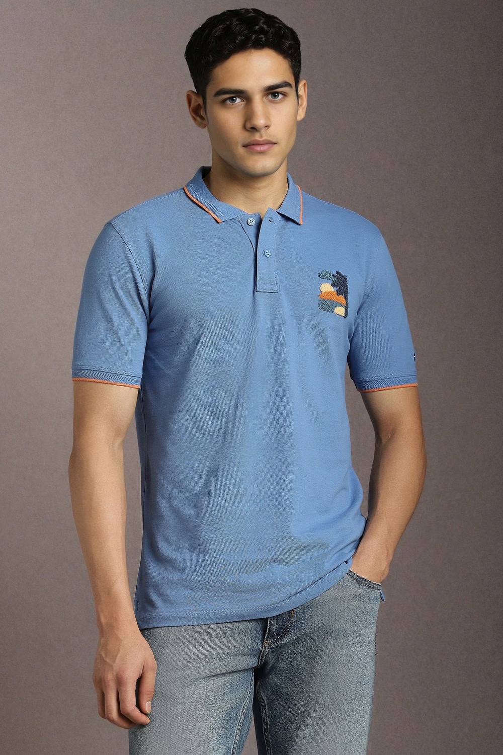 Men Blue Embroidered Polo Neck T-shirt-Blue