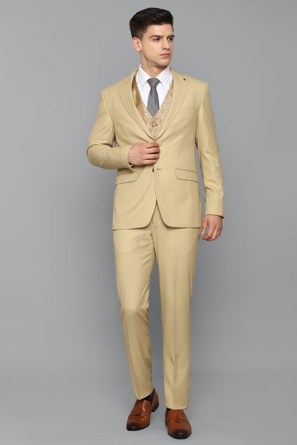 Men Beige Slim Fit Solid Formal Three Piece Suit-Beige
