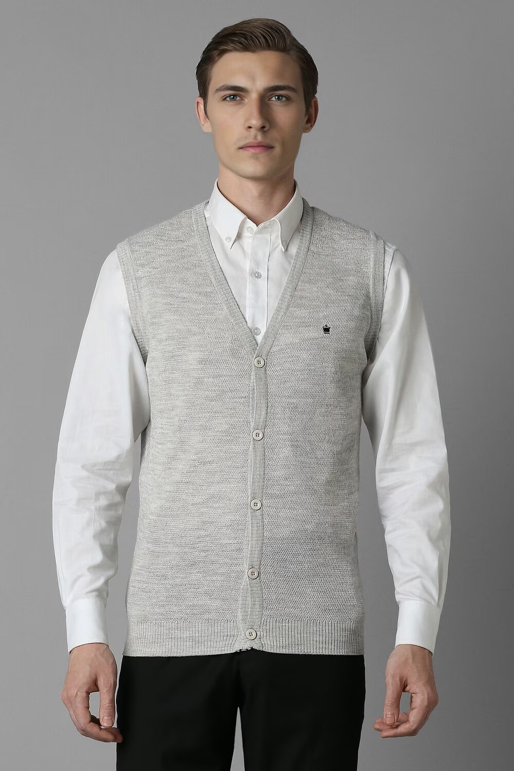 Men Grey Textured V Neck Sleeveless Sweater-Grey