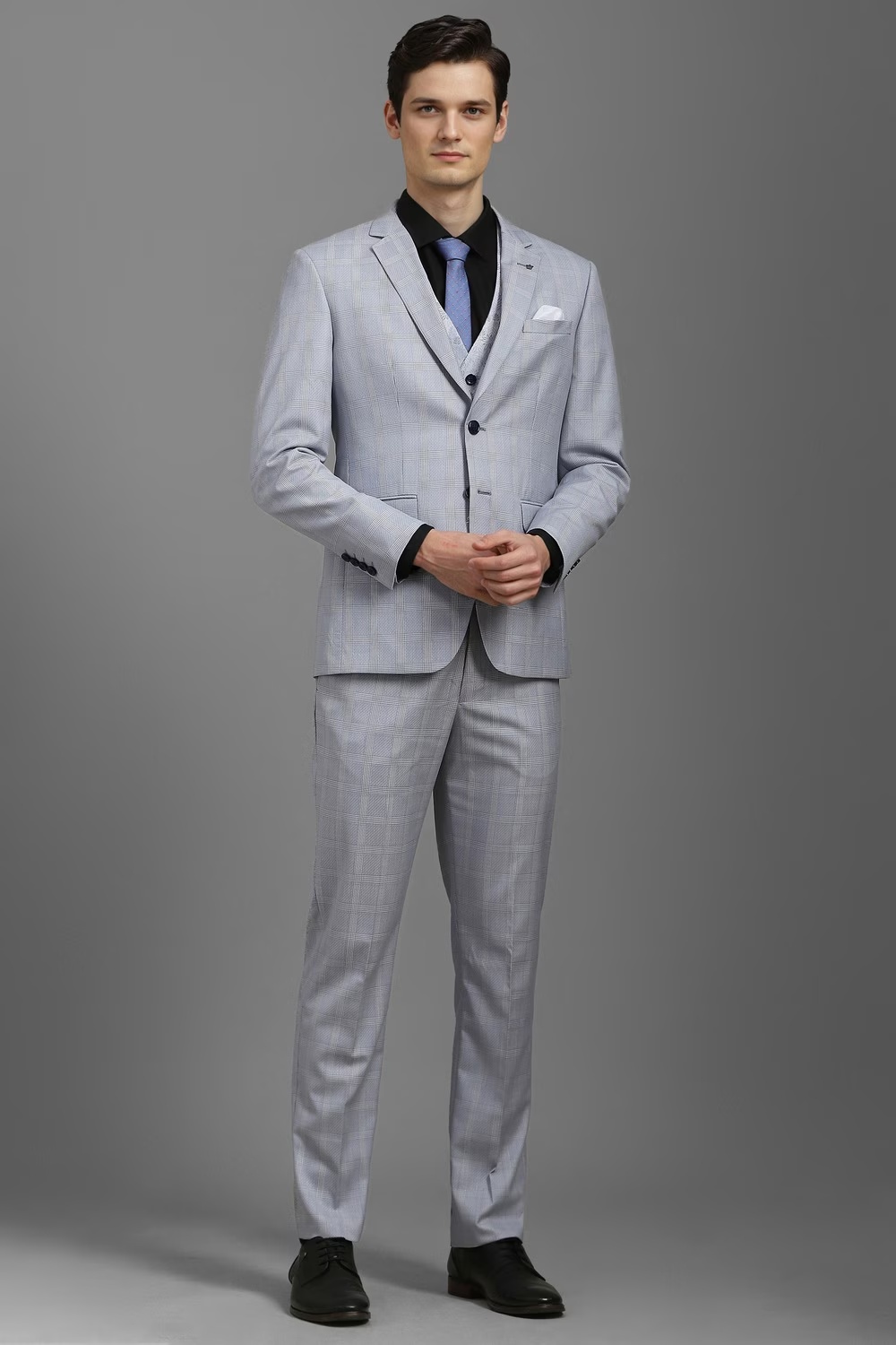 Men Grey Slim Fit Check Formal Three Piece Suit-Grey