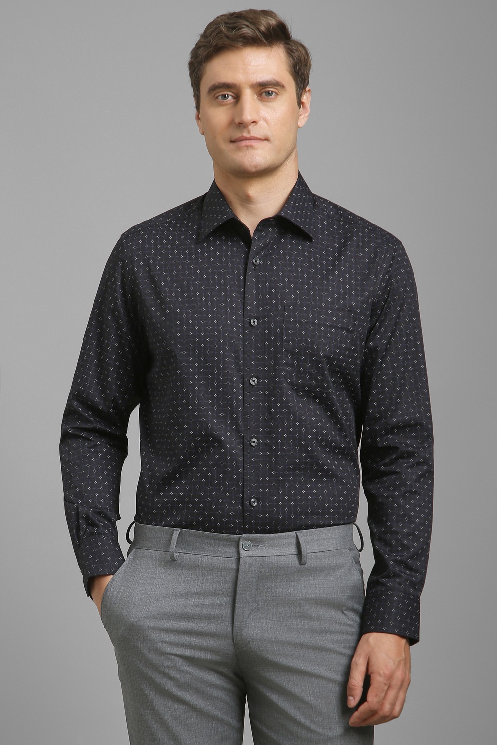 Men Black Print Full Sleeves Formal Shirt-Black