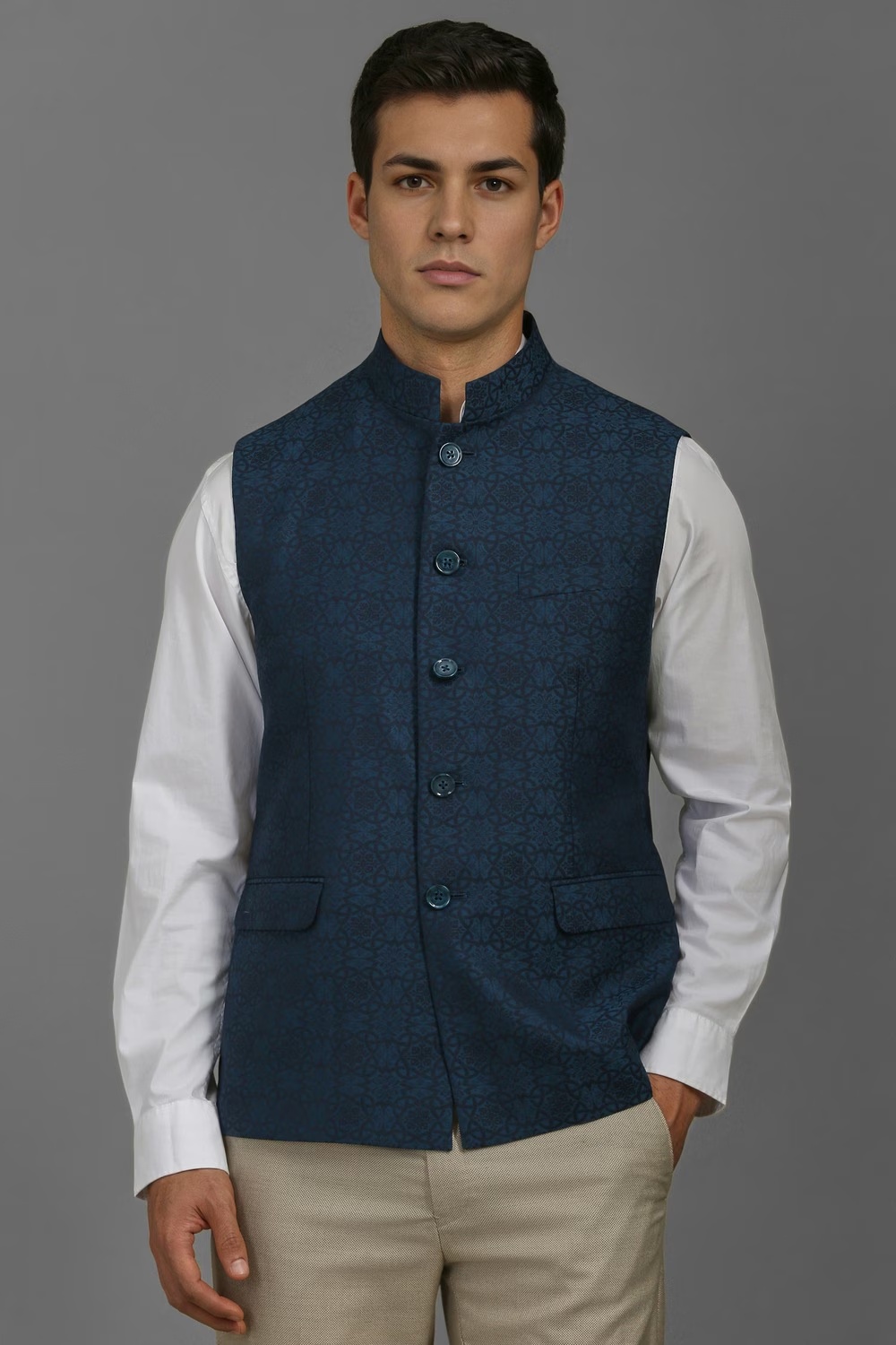 Men Navy Print Slim Fit Casual Nehru Jacket-Navy